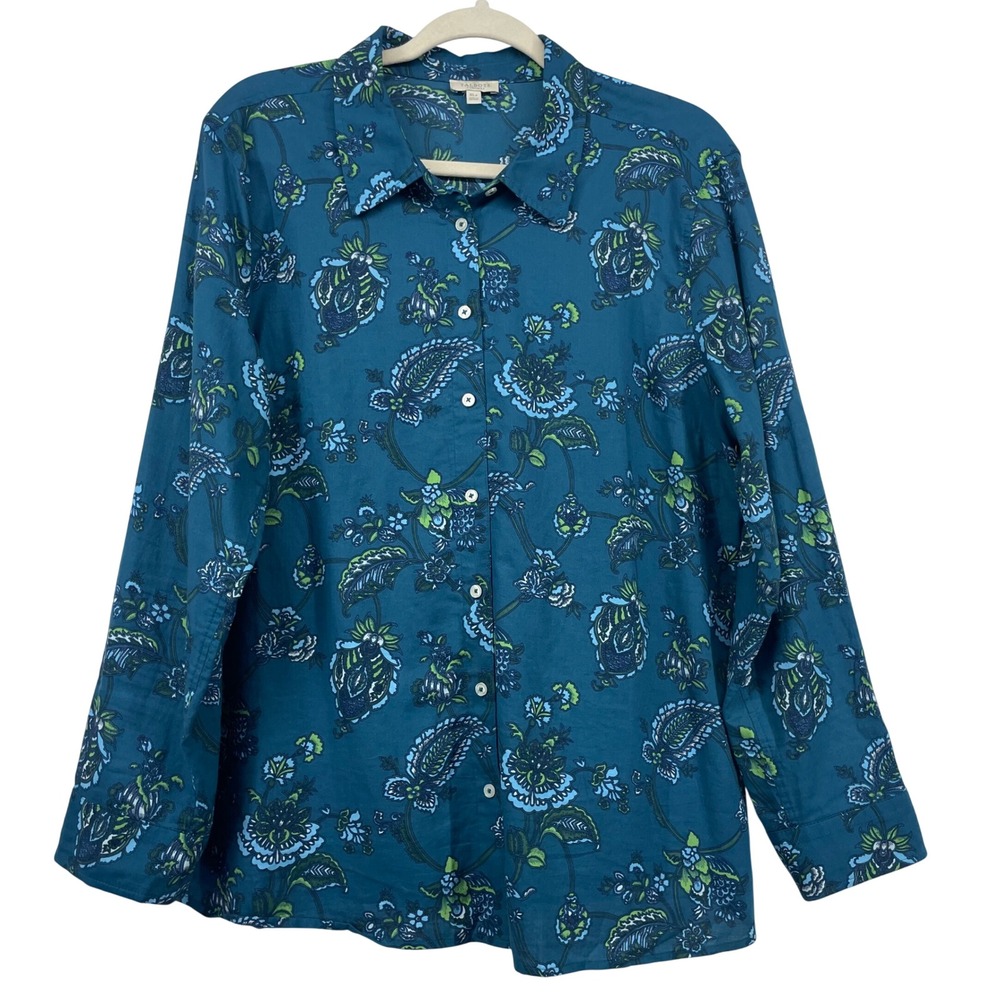 Talbots Women Size XLP‎ Button Down Shirt Teal Blue Paisley Floral Long Sleeve